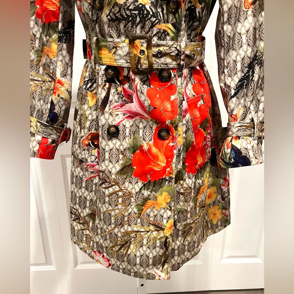 SPANNER Multicolor Floral Belted Trench Coat Size Small - Picture 5 of 12